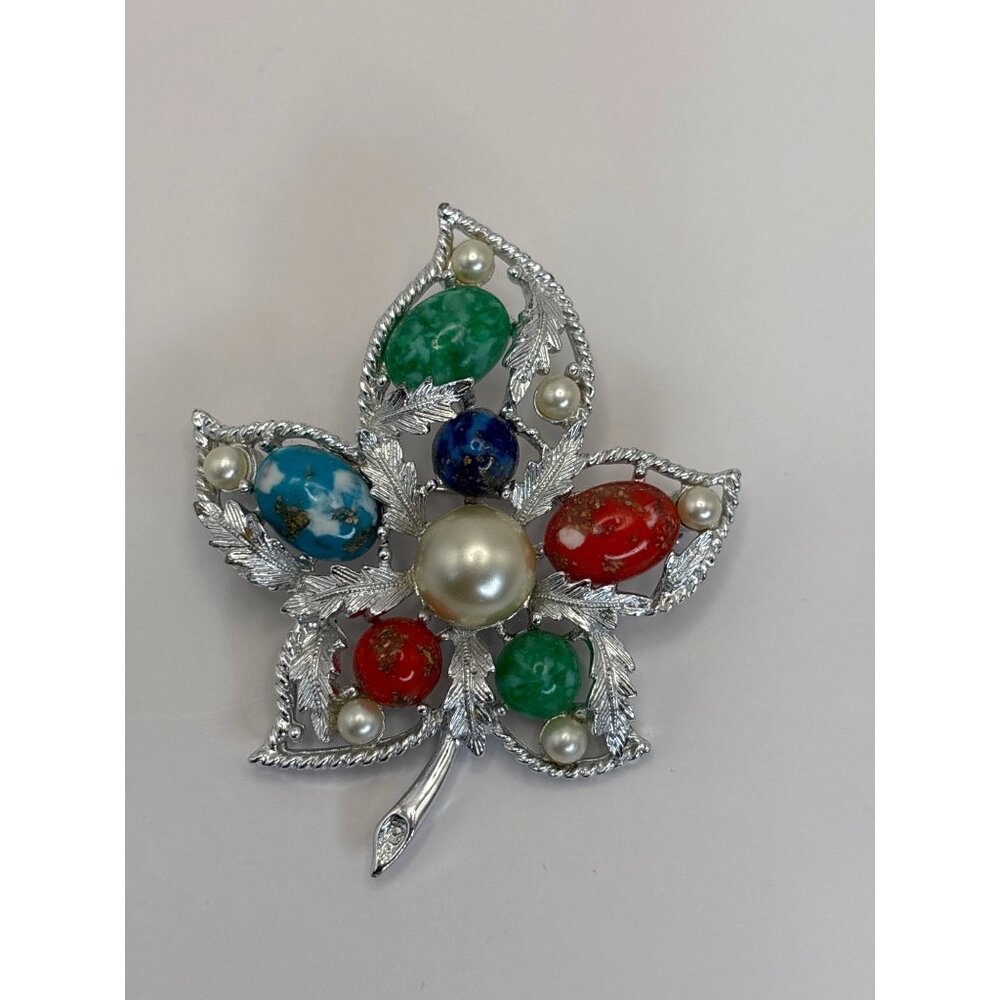 Sarah Coventry Fantasy Leaf Brooch Cabochon Stones Faux Pearls Silver Tone
